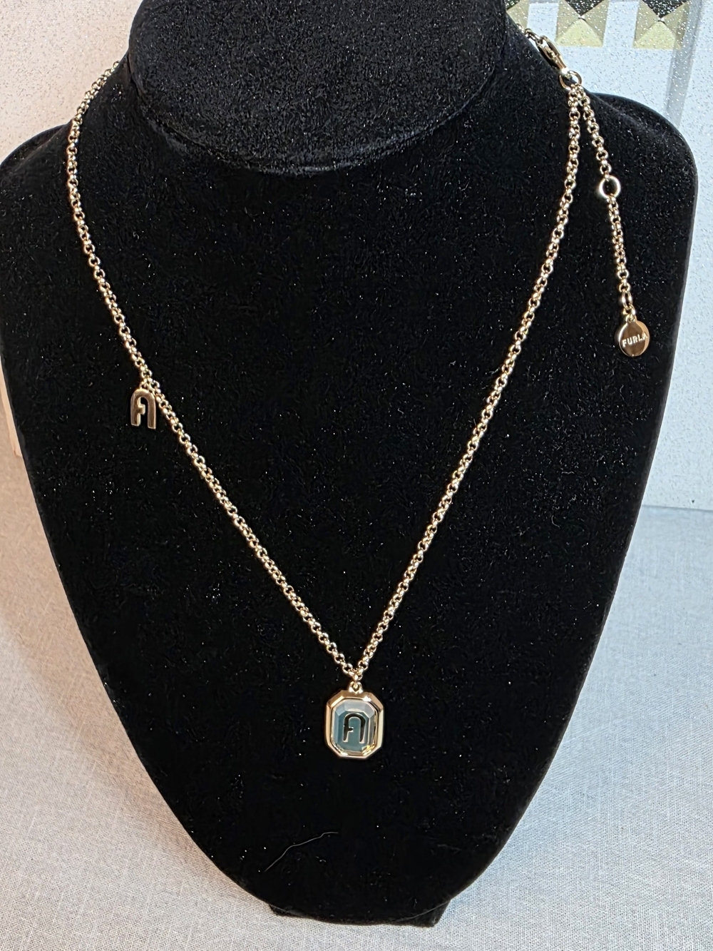 Furla Octagonal Green Logo Necklace